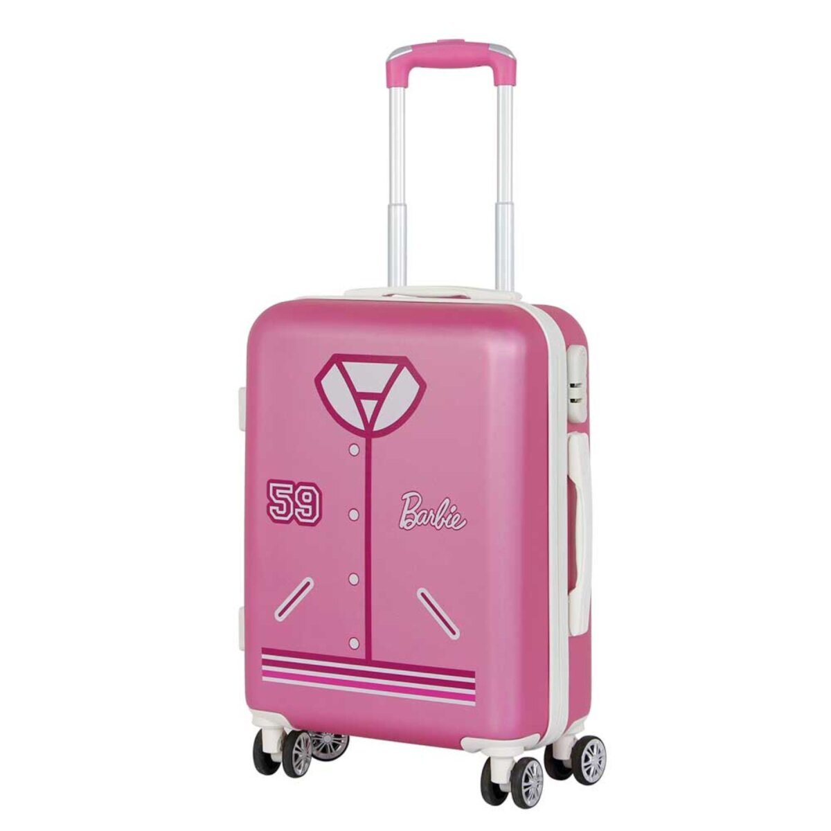Pinker Barbie-Koffer mit Rädern und Griff. Er hat ein Jackendesign darauf.