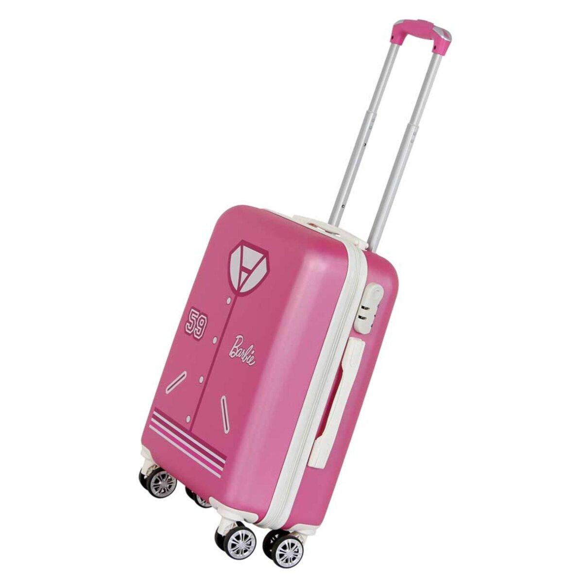 Pinker Barbie-Koffer mit Rädern. Ein Griff ist ausgezogen. Der Koffer lehnt sich.
