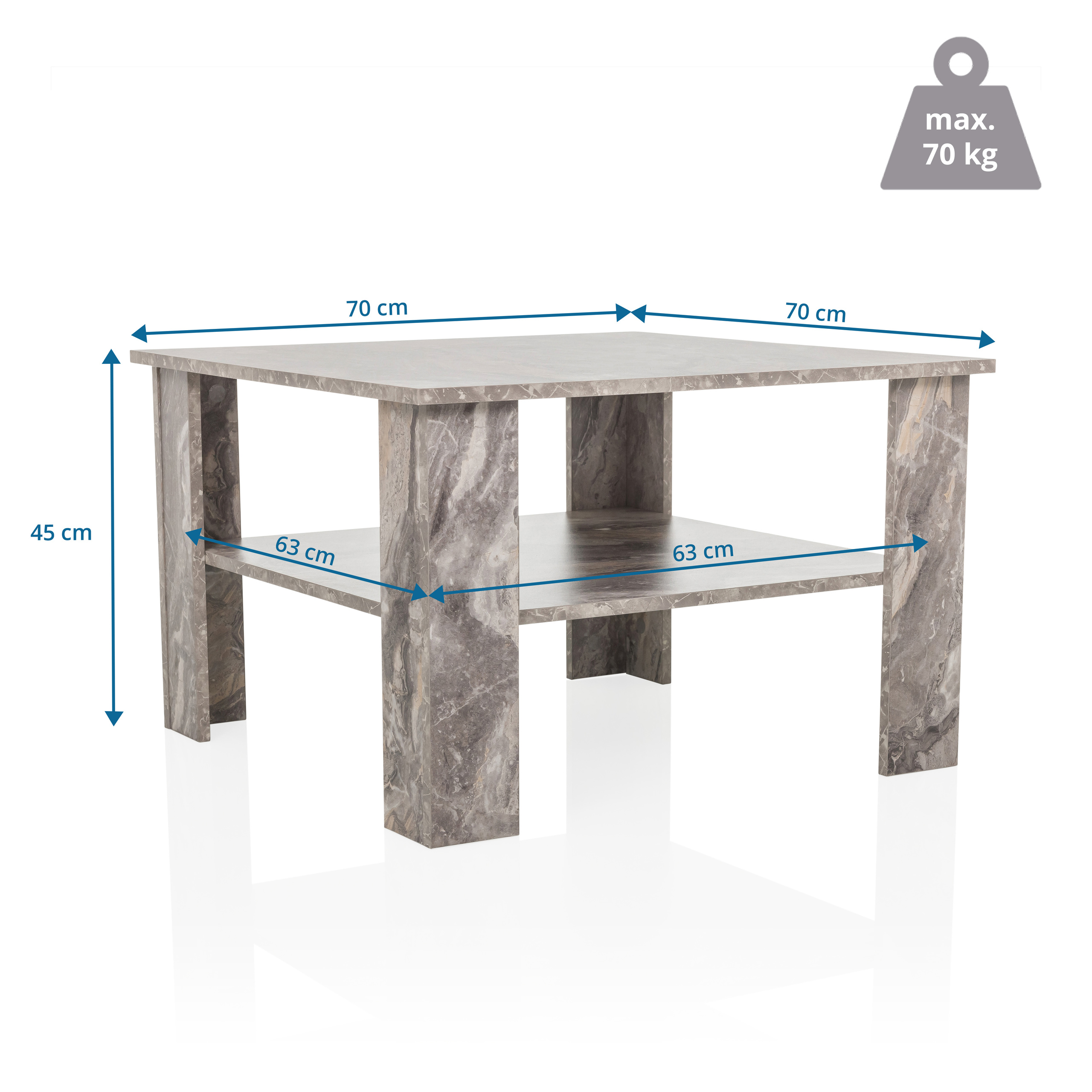 Quadratischer Marmor-Couchtisch mit Maßen, inklusive Ablage, freigestellt.