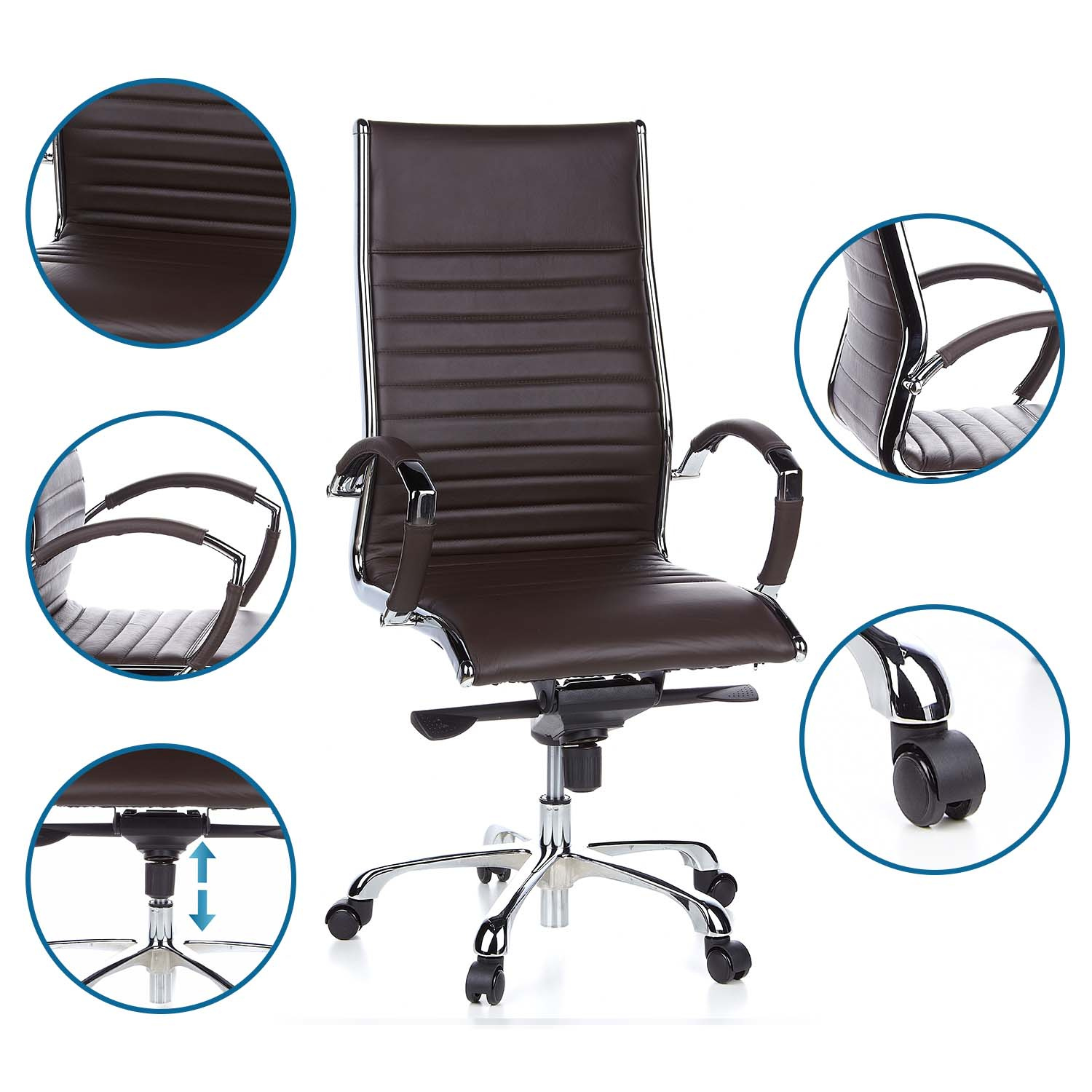 Brauner Bürostuhl aus Leder mit Chromrahmen, hohem Rücken und Armlehnen, freigestellt.