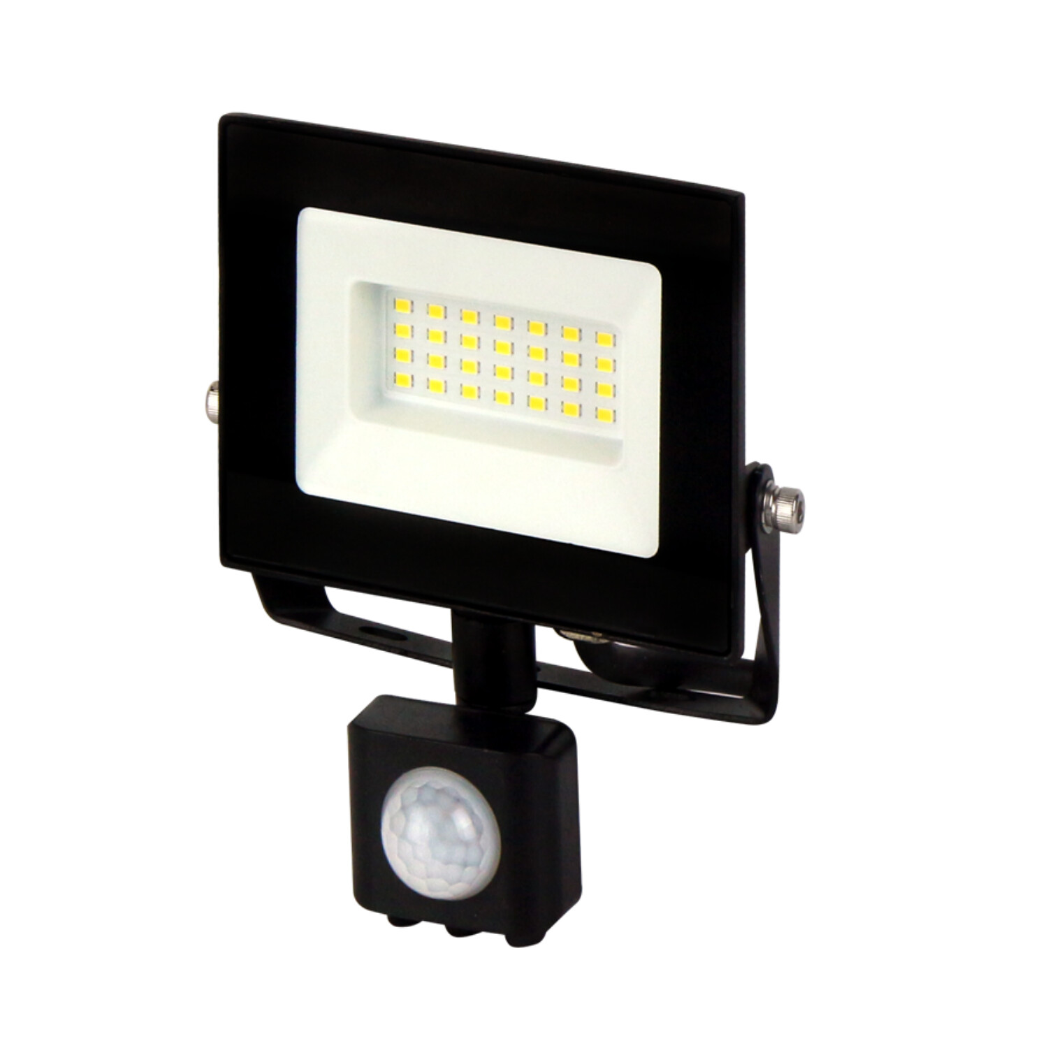 Schwarzer Flutlichtstrahler mit weißer Lichtplatte und Bewegungsmelder, freigestellt.