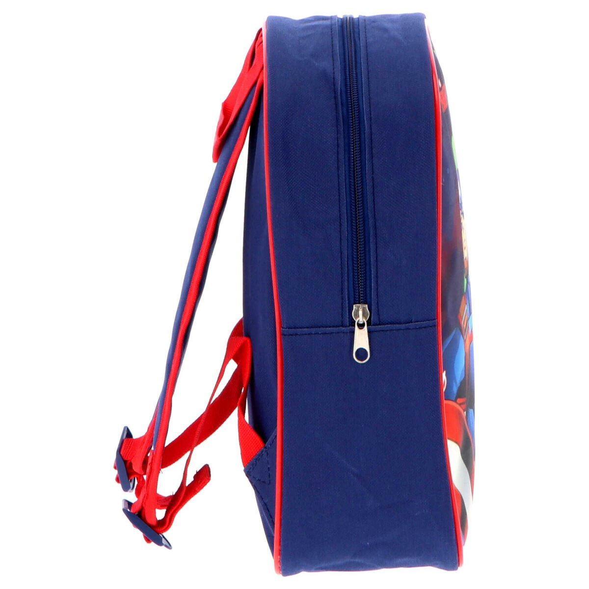Blauer Rucksack mit Avengers-Figuren und Logo.