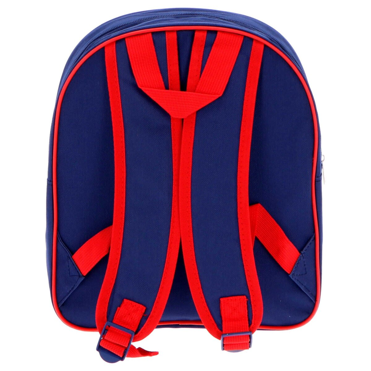 Rückseite eines blauen Marvel Avengers Rucksacks mit roten Trägern und Schnallen.