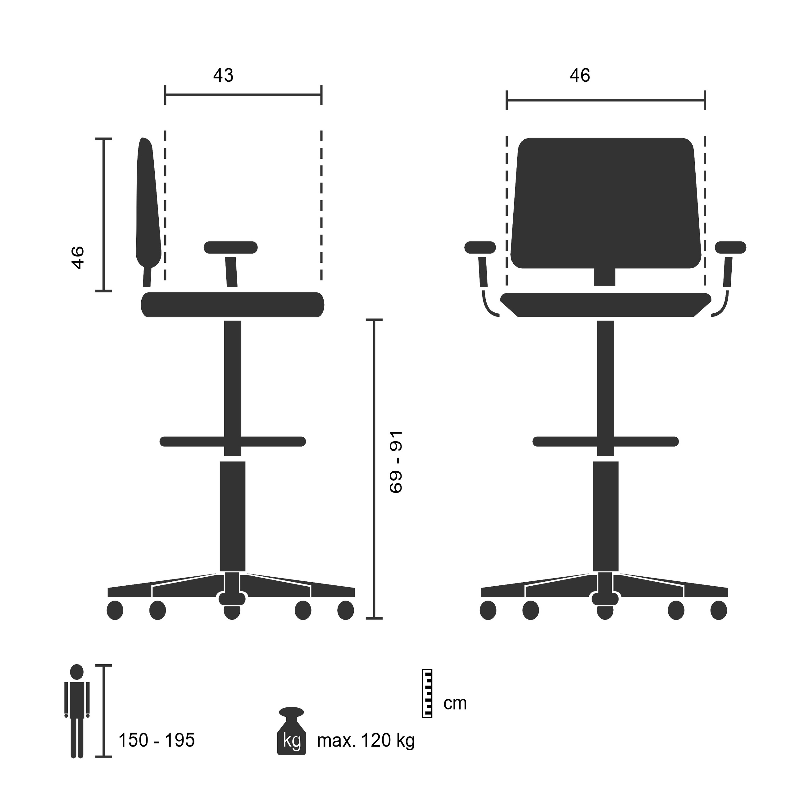 Diagramm mit den Abmessungen eines Barhockers, einschließlich Höhe und Breite.