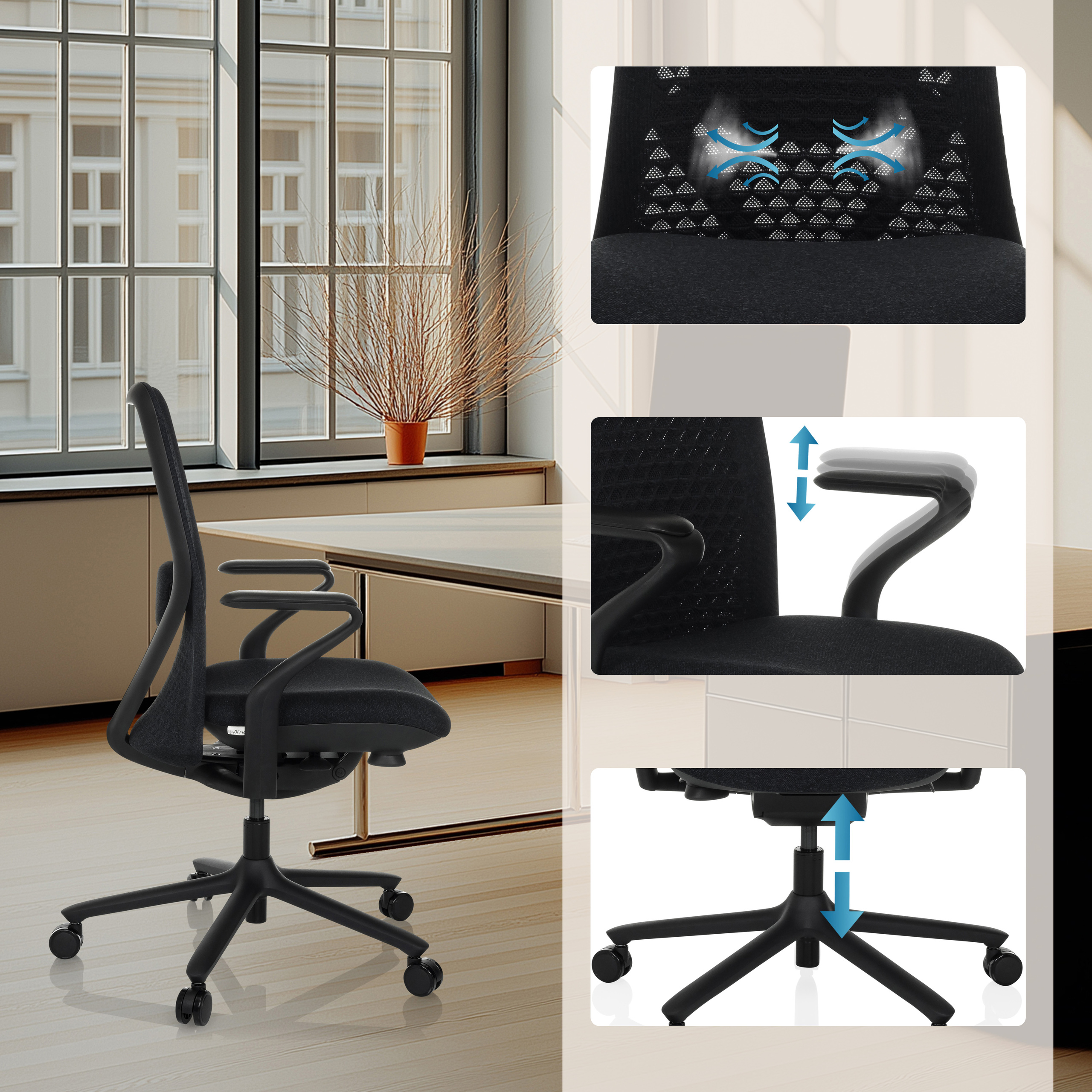 Bürostuhl mit Netzrücken und Verstellmöglichkeiten. Details zu Armlehnen und Gestell werden gezeigt.
