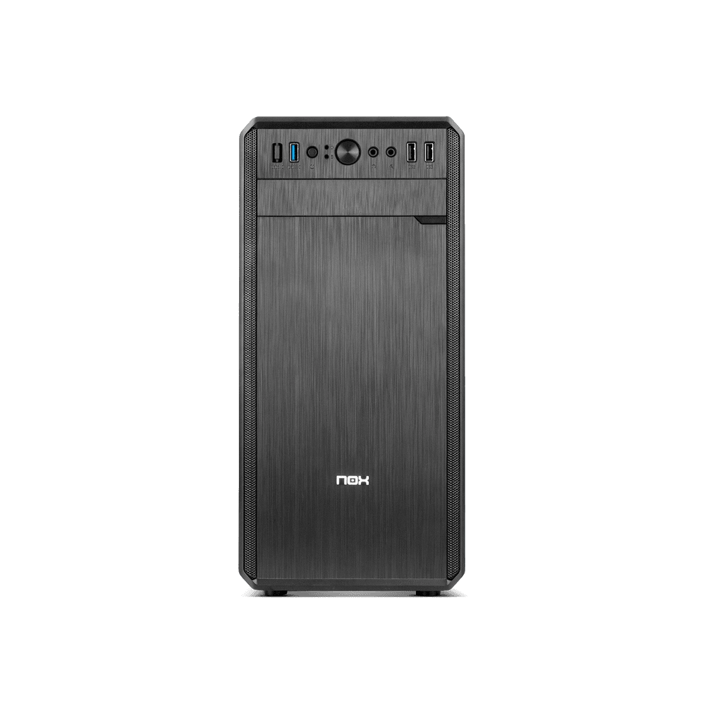 Una caja de computadora negra con puertos USB, botones y un logotipo. La caja tiene un acabado de metal cepillado.