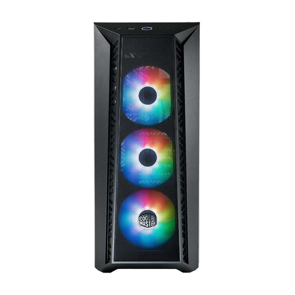 Caja de ordenador negra con tres ventiladores RGB. Logo Cooler Master visible.