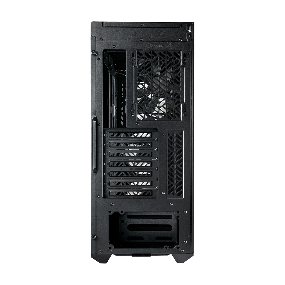 Panel trasero negro de la caja del ordenador con rejillas de ventilador y aberturas.