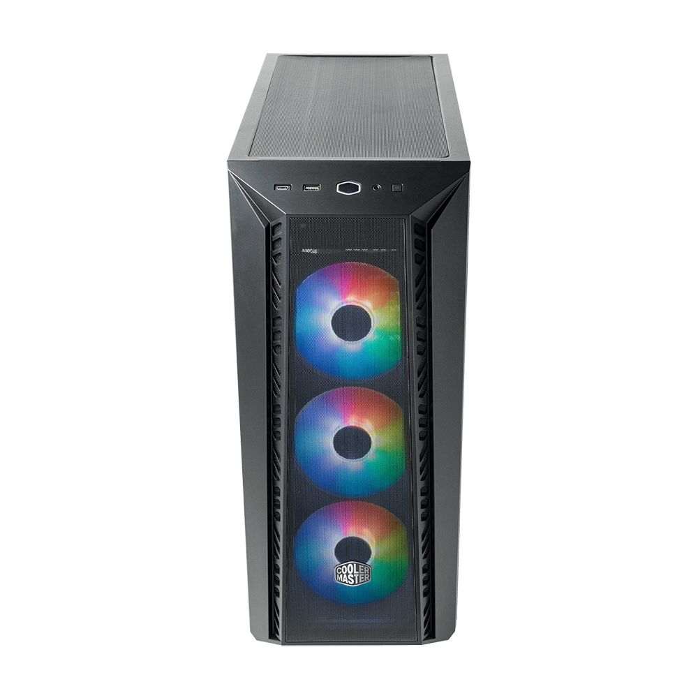 Caja de ordenador negra con tres ventiladores RGB. Logo Cooler Master visible.
