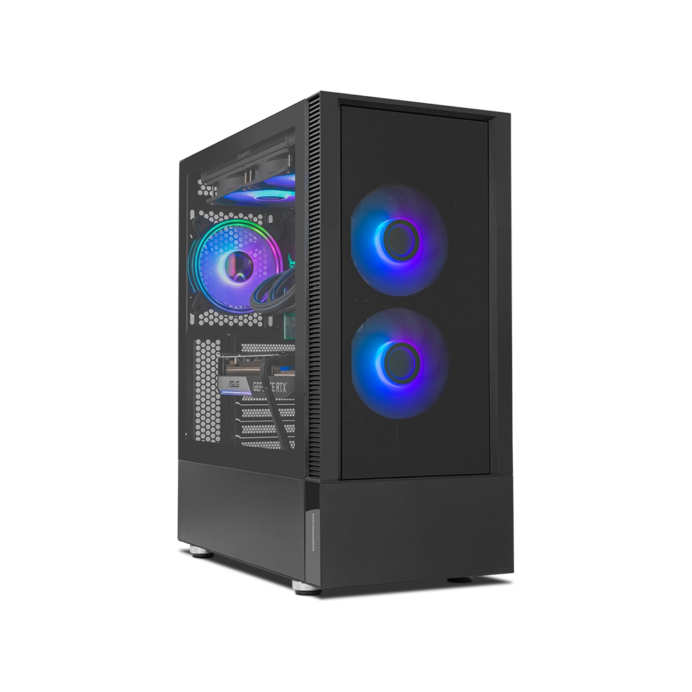 Carcasa de PC negra con luces de colores en su interior, visibles por cristal.