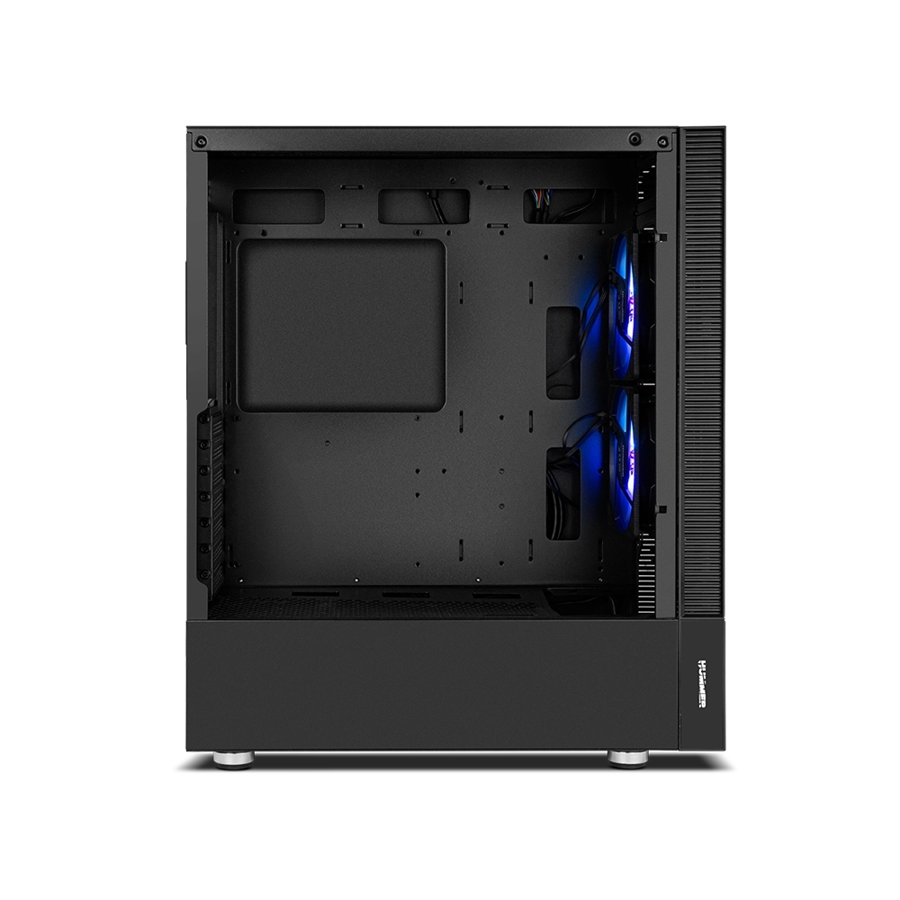 Caja de ordenador negra con lateral abierto, luces de ventilador azules visibles.