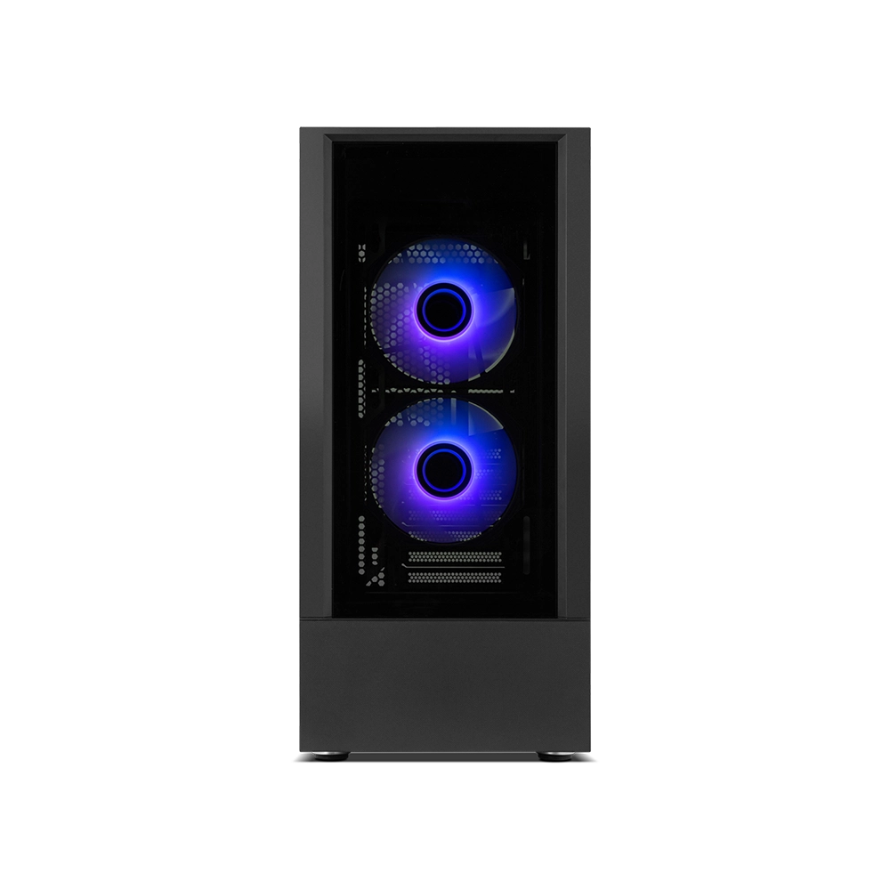 Una caja de computadora negra con dos ventiladores que emiten luz azul y verde.