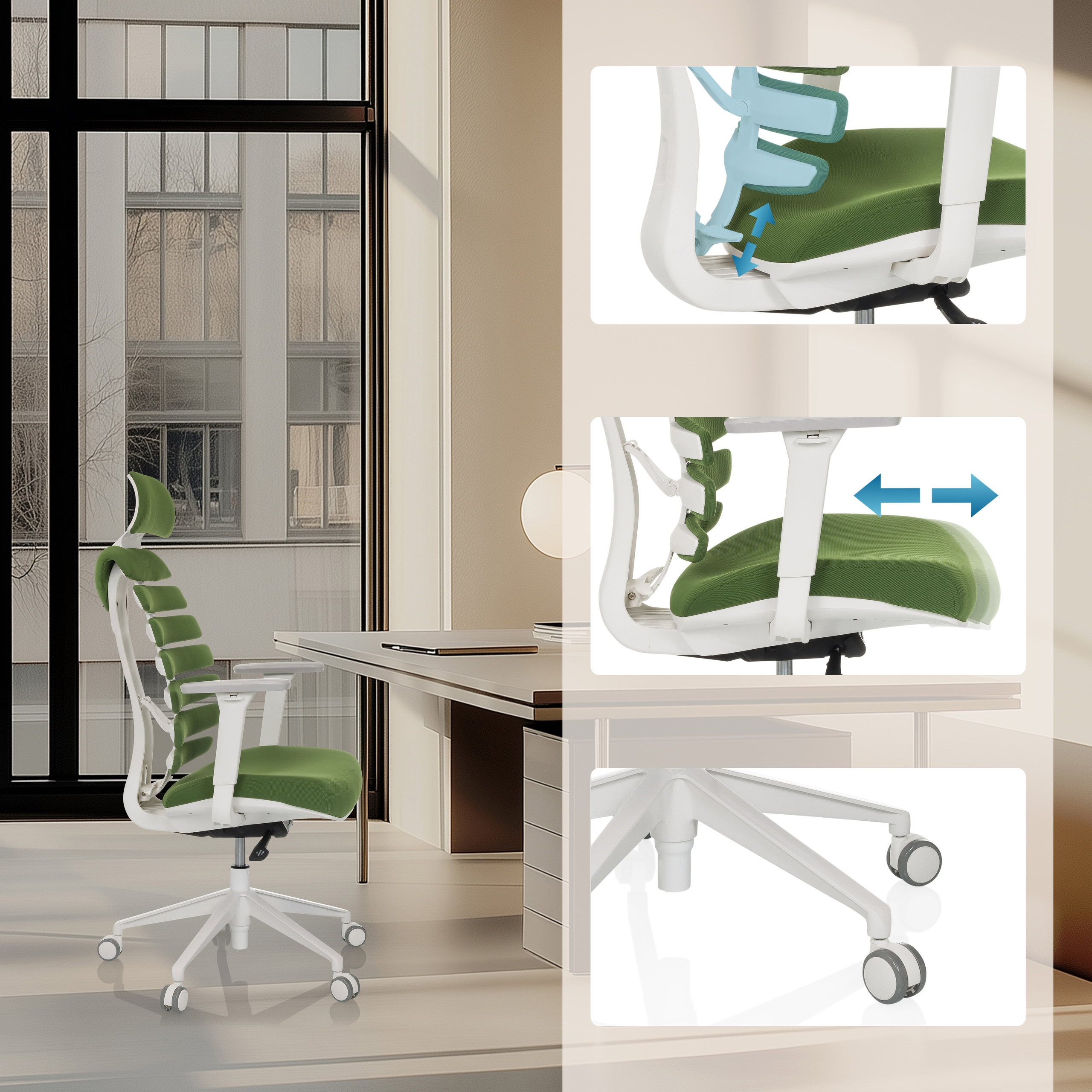 Büro mit grün-weißem Stuhl. Schreibtisch und Dekoration sichtbar. Nahaufnahmen zeigen Einstellfunktionen. Weiße Wände.