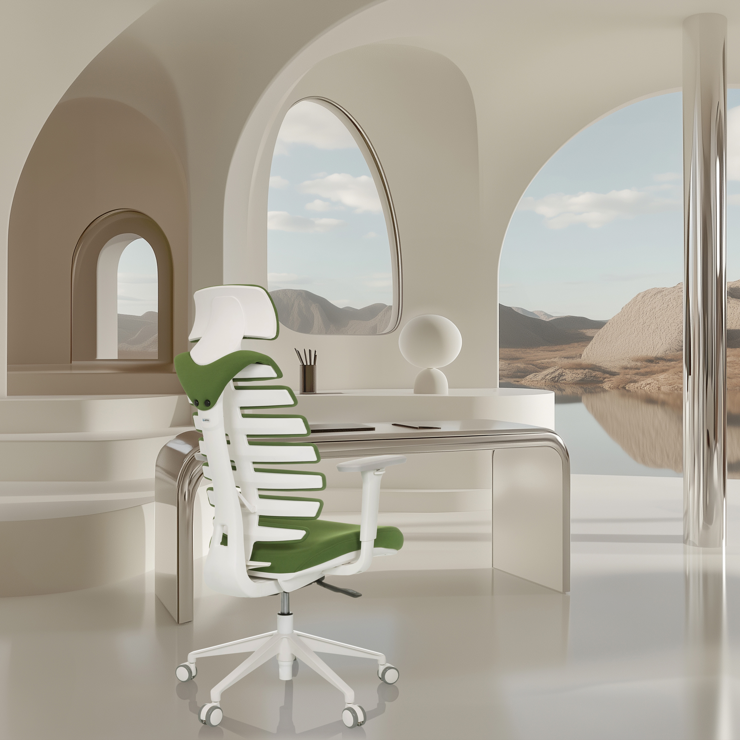 Büro mit grün-weißem Stuhl. Weiße und metallische Einrichtung. Berge im Hintergrund.