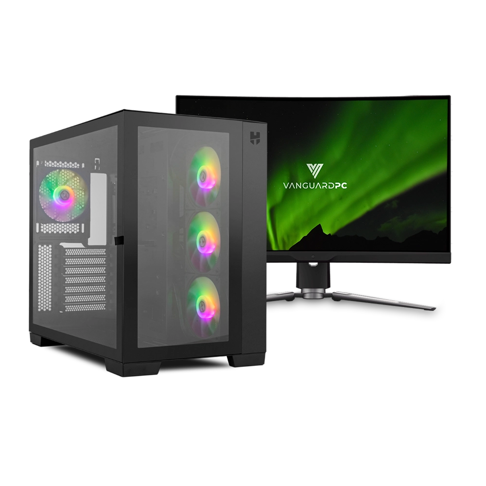 Caja de ordenador negra con tres ventiladores y un monitor que muestra un gráfico verde y blanco.