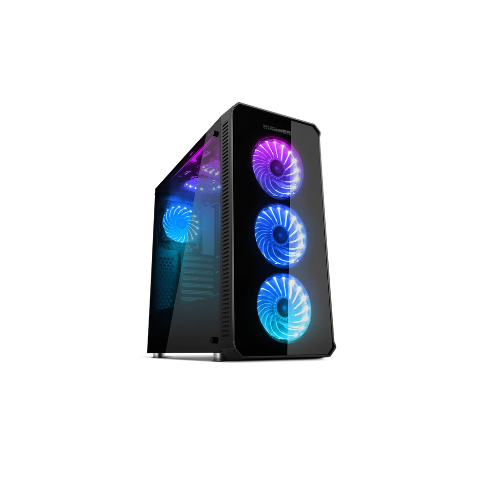 Una caja de computadora negra con ventiladores y luces de colores.