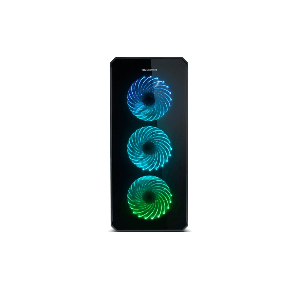 Caja de ordenador negra con tres ventiladores con luces concéntricas azules y verdes brillantes, en negro.