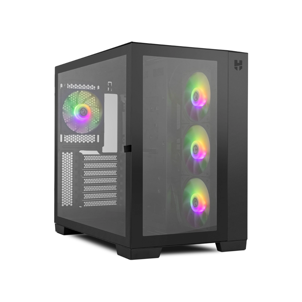 Parte trasera de una caja de computadora negra con un ventilador verde.