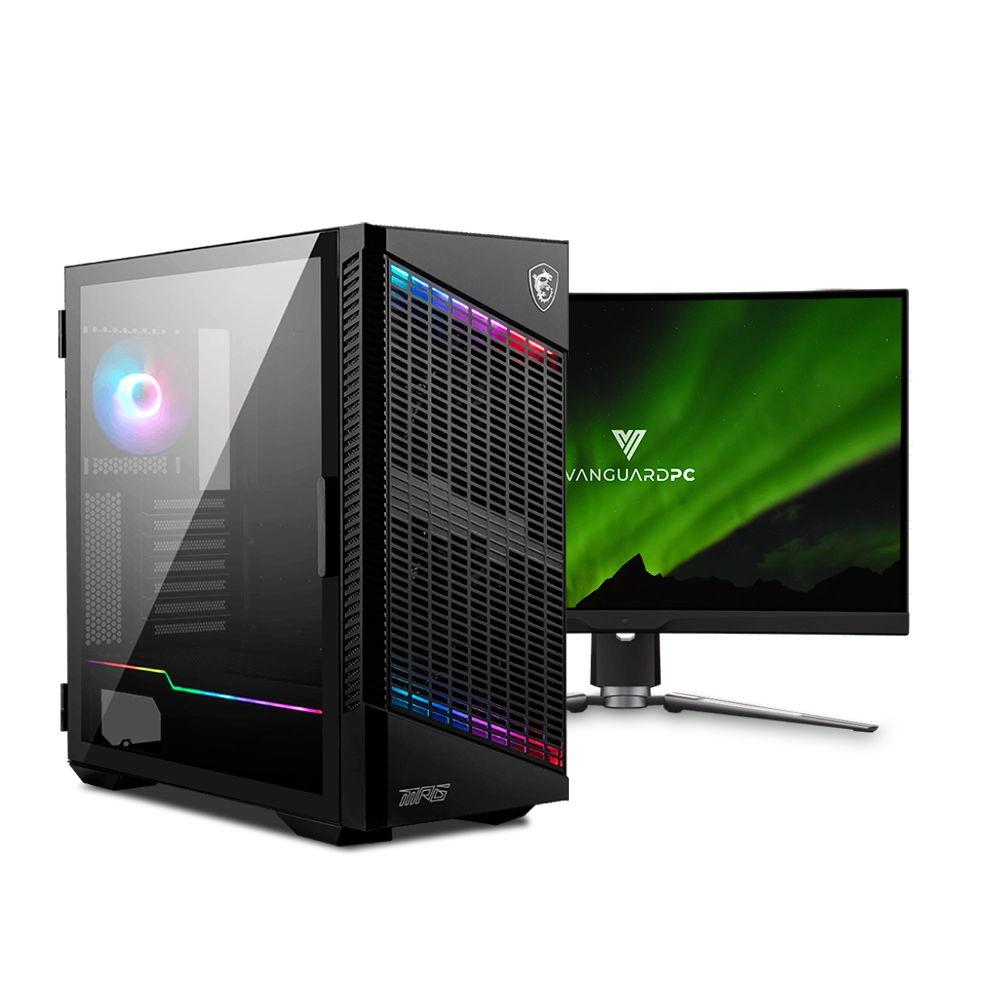 Un PC y un monitor para juegos sobre un fondo negro. El PC tiene luces y el monitor un logotipo.