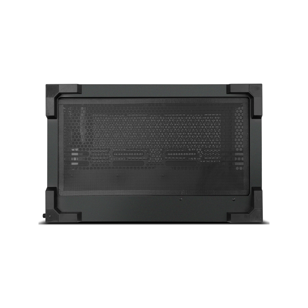 Caja de ordenador negra con un panel frontal de malla, con un fondo oscuro.