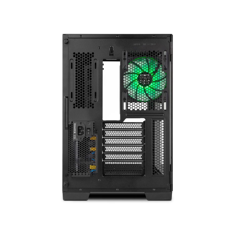 La parte trasera de una caja de computadora con un ventilador.
