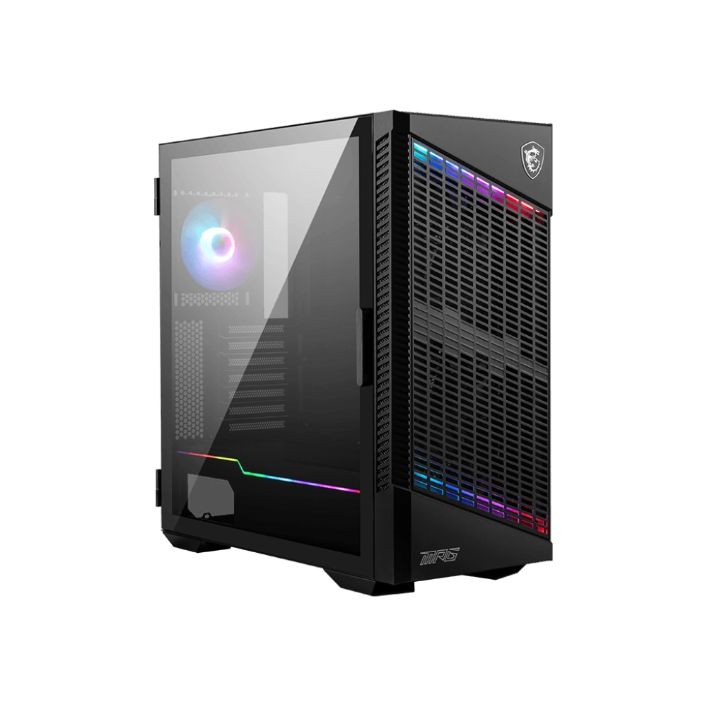 Un PC para juegos con panel lateral de vidrio, luces LED y un monitor con un logotipo sobre fondo negro.