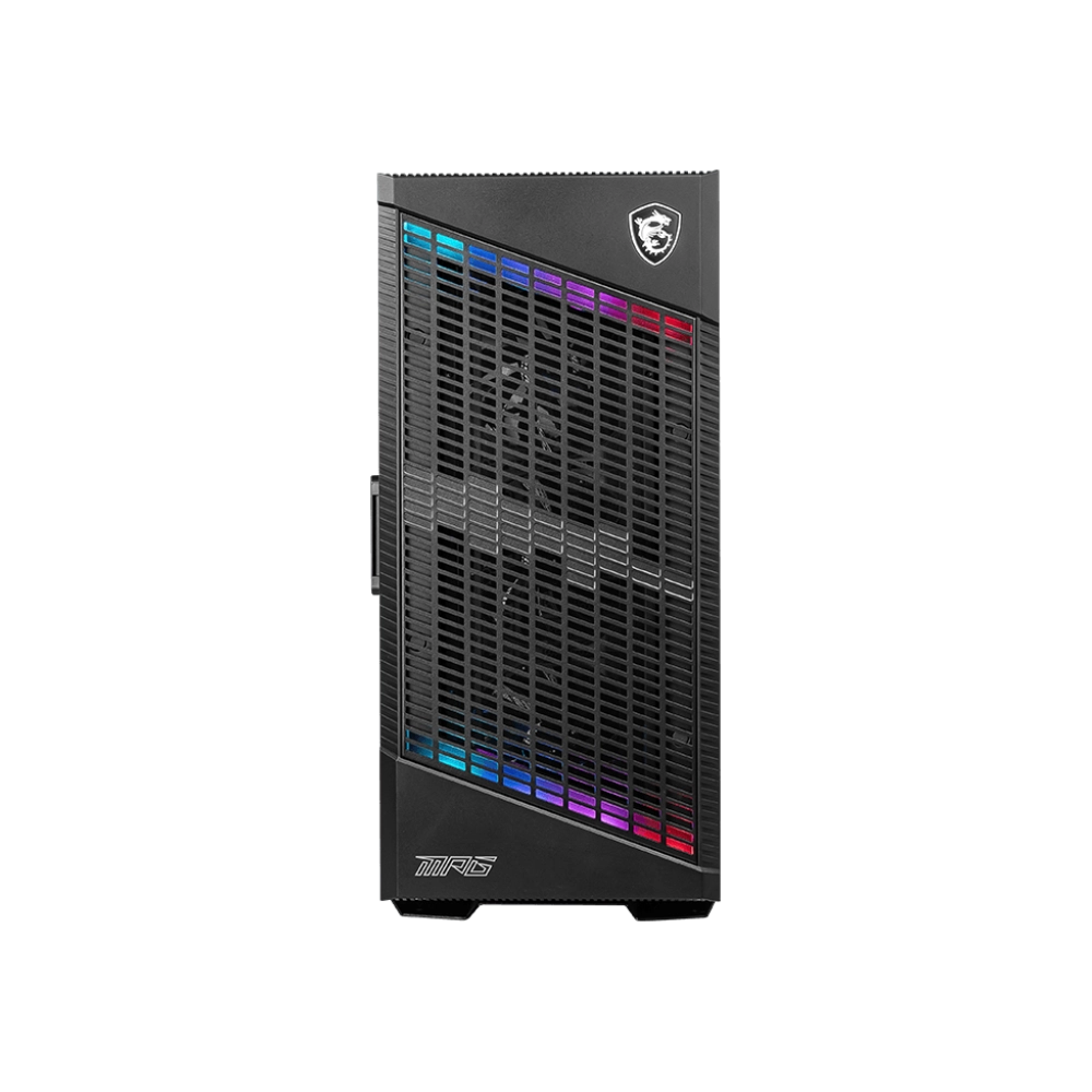 Caja de ordenador MSI negra con un panel frontal con iluminación LED de colores y ranuras de ventilación.