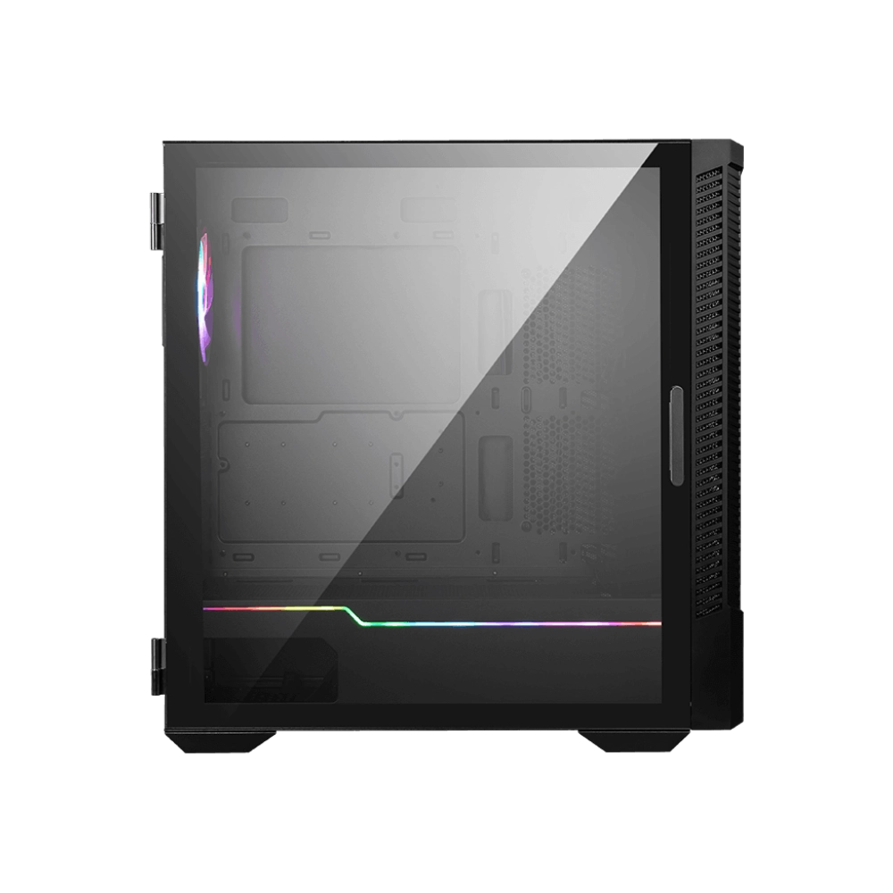 Caja de ordenador negra con panel lateral de vidrio, con una tira LED colorida y componentes dentro.