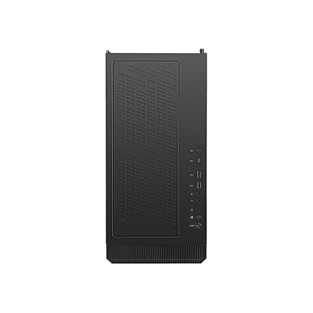 Parte frontal de una caja de ordenador negra, con ventilación y puertos de alimentación/USB, sobre fondo negro.