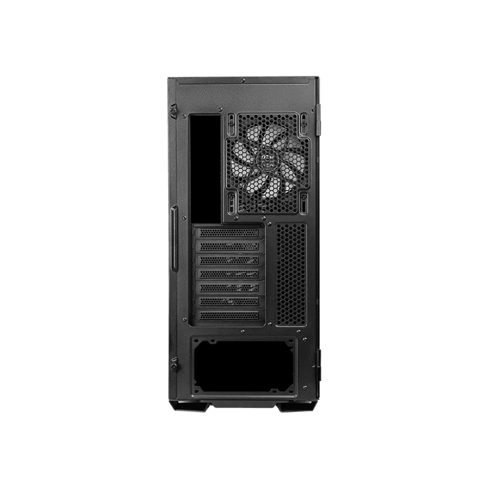 Parte trasera de una caja de ordenador negra con un ventilador y varias ranuras, sobre fondo negro.