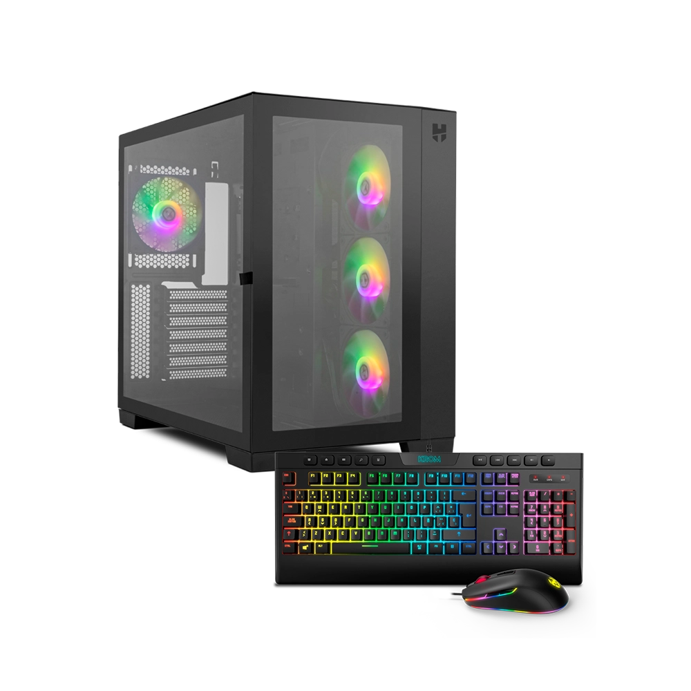 PC para juegos con panel lateral de vidrio, ventiladores RGB, teclado, ratón y monitor.
