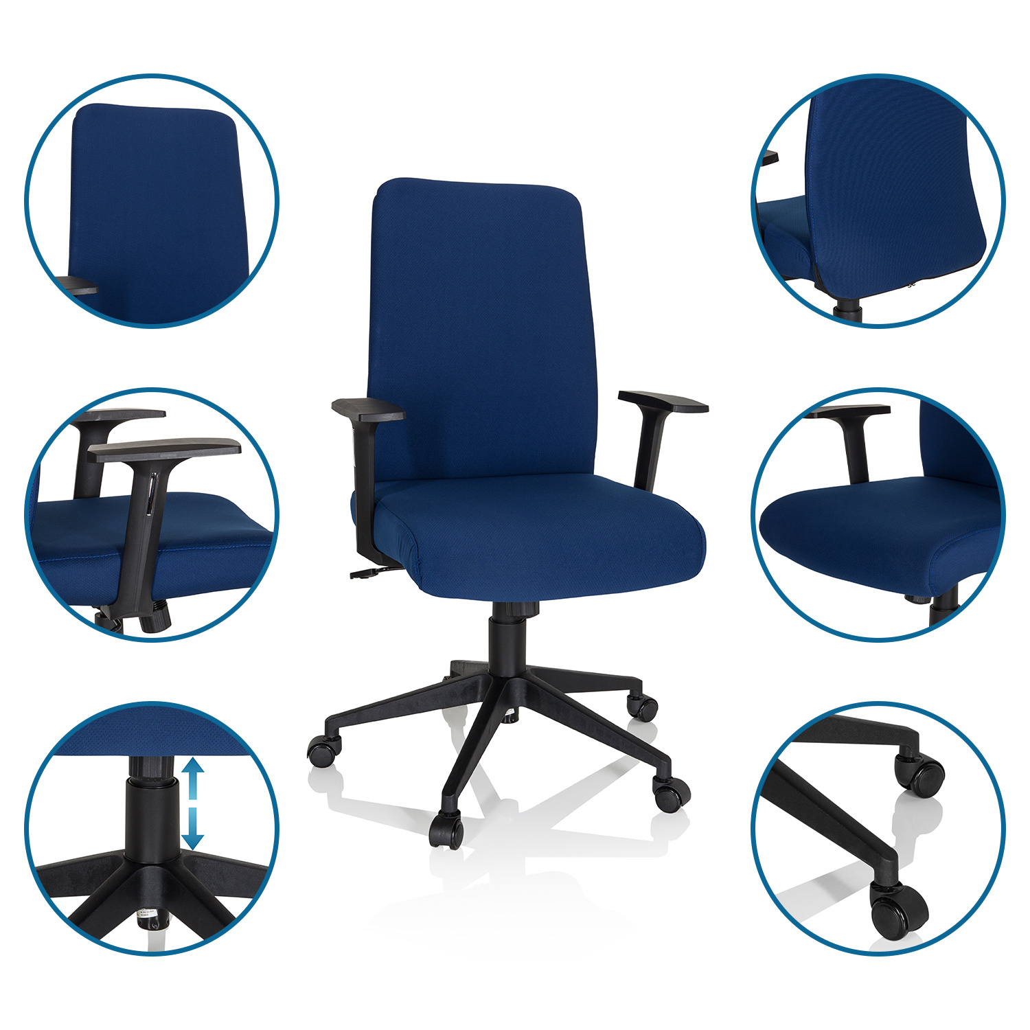Blauer Bürostuhl mit schwarzen Armlehnen. Mehrere Ansichten zeigen Details.