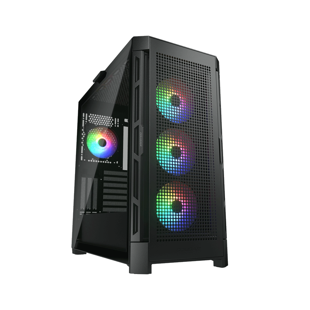 Caja de ordenador negra con tres ventiladores RGB. La caja está sobre un fondo negro.