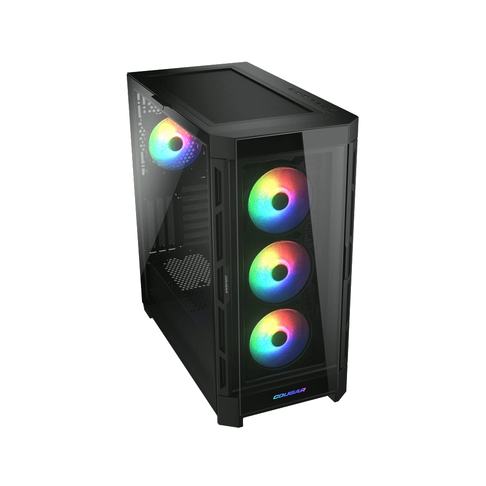 Caja de ordenador negra con ventiladores RGB y panel lateral transparente sobre fondo negro.