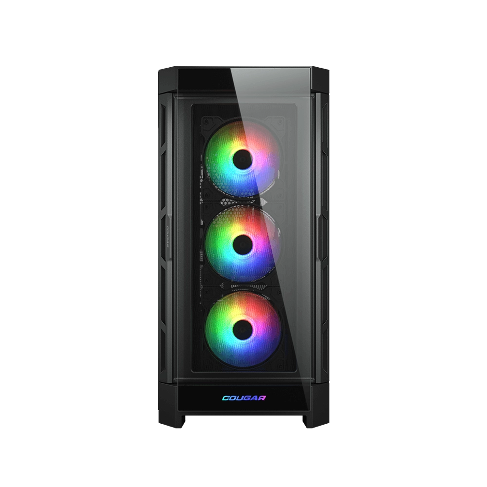Caja de ordenador negra con tres ventiladores RGB sobre fondo negro. Logotipo de Cougar al frente.