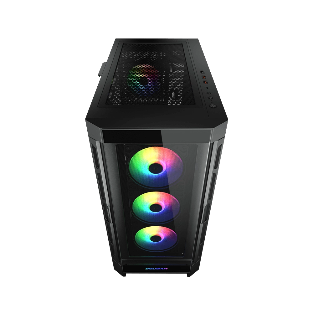 Caja de ordenador negra con ventiladores RGB y parte superior de malla, fondo negro.