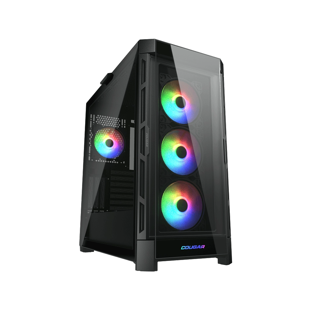 Caja de ordenador negra con tres ventiladores RGB y panel lateral transparente sobre fondo negro.