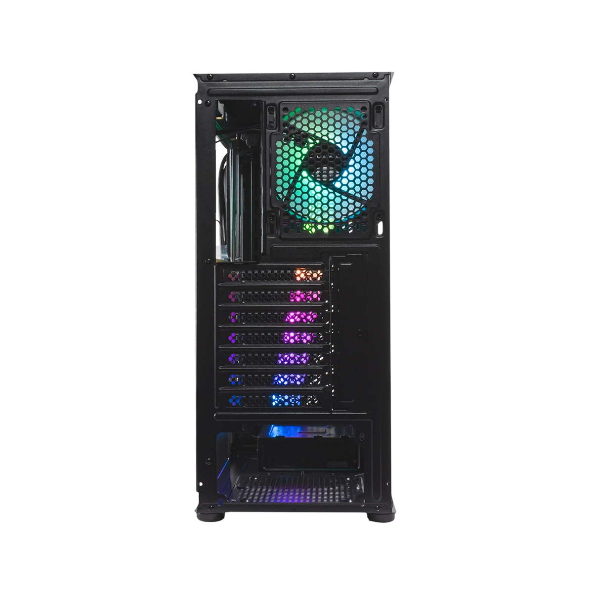 Interior de caja de computadora abierta, mostrando ventilador con luces multicolores y componentes.