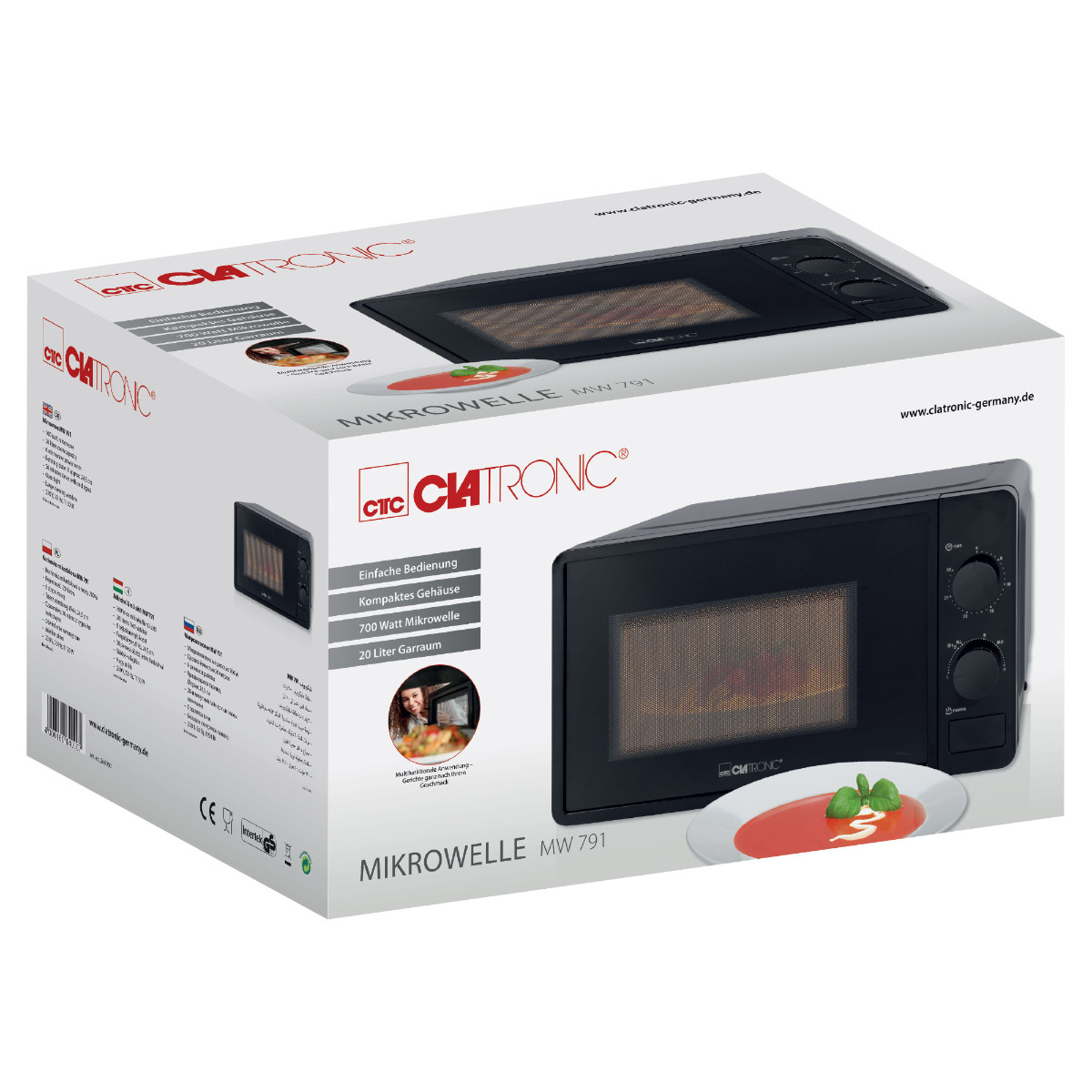 Pudełko kuchenki mikrofalowej. Pokazuje kuchenkę mikrofalową, z talerzem jedzenia i opisami cech.