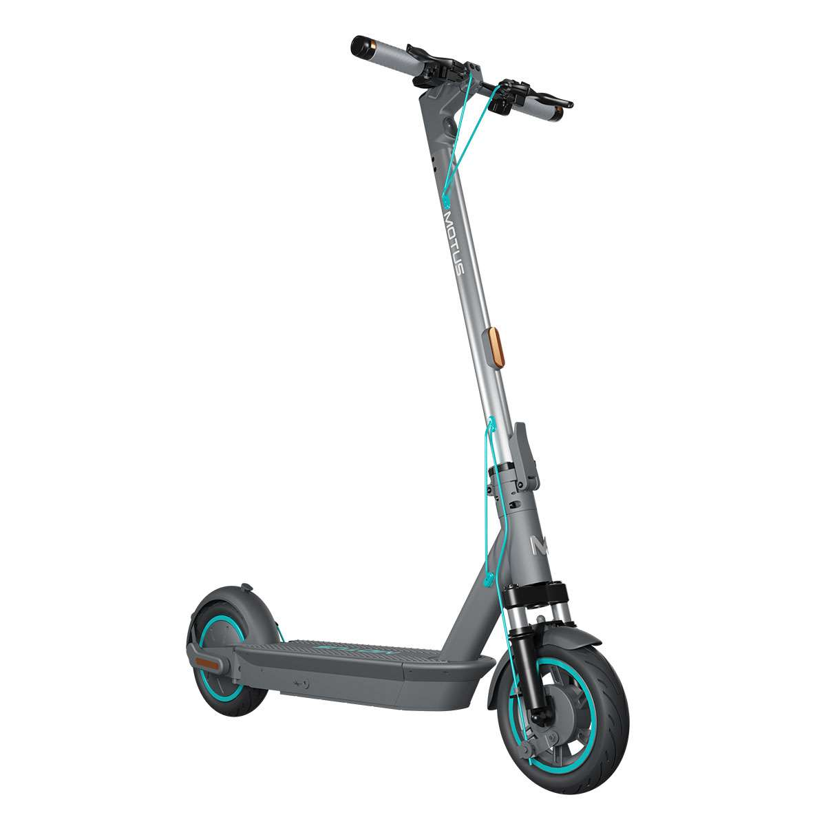 Szara hulajnoga elektryczna z niebieskimi akcentami na białym tle.