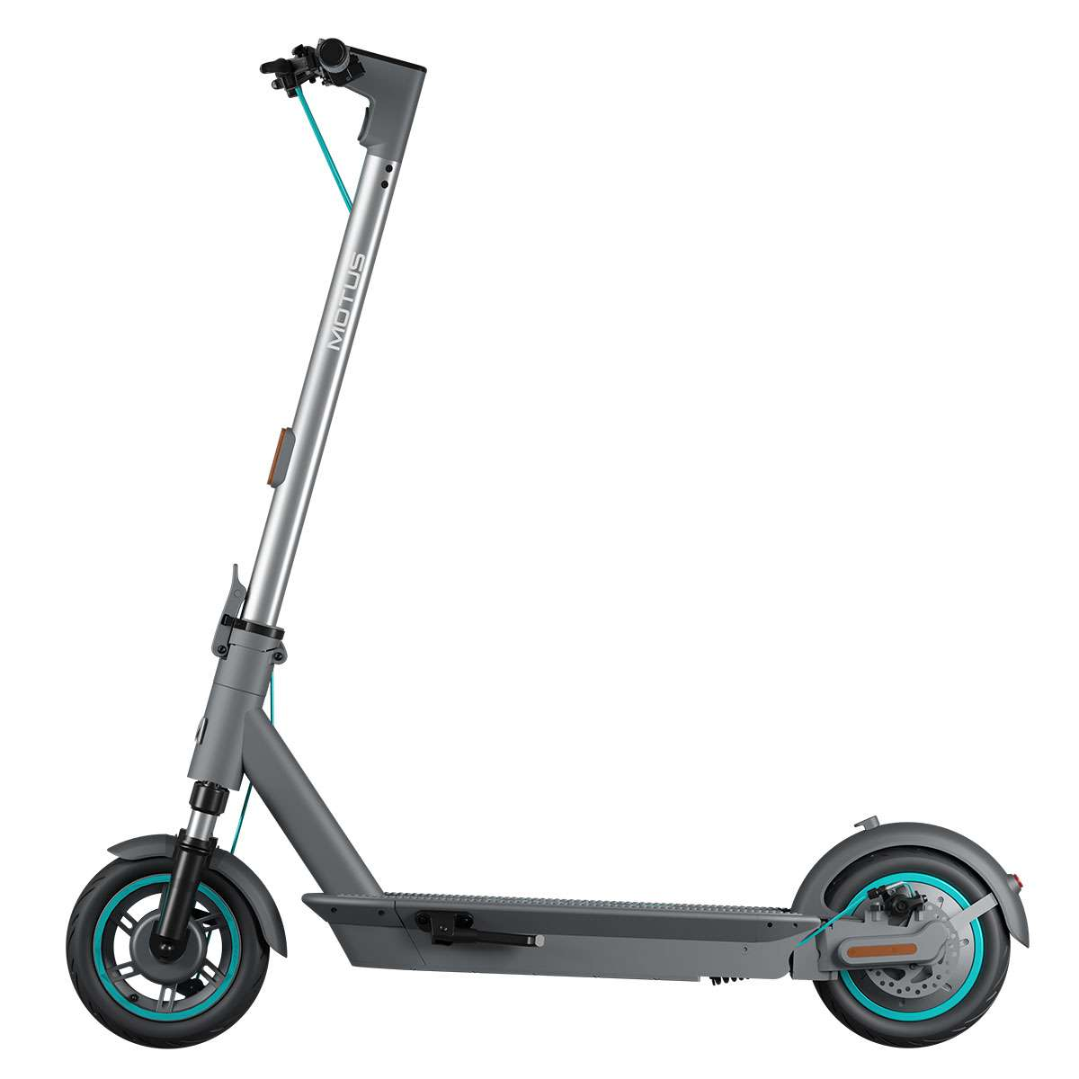 Szary skuter elektryczny, widok z boku.