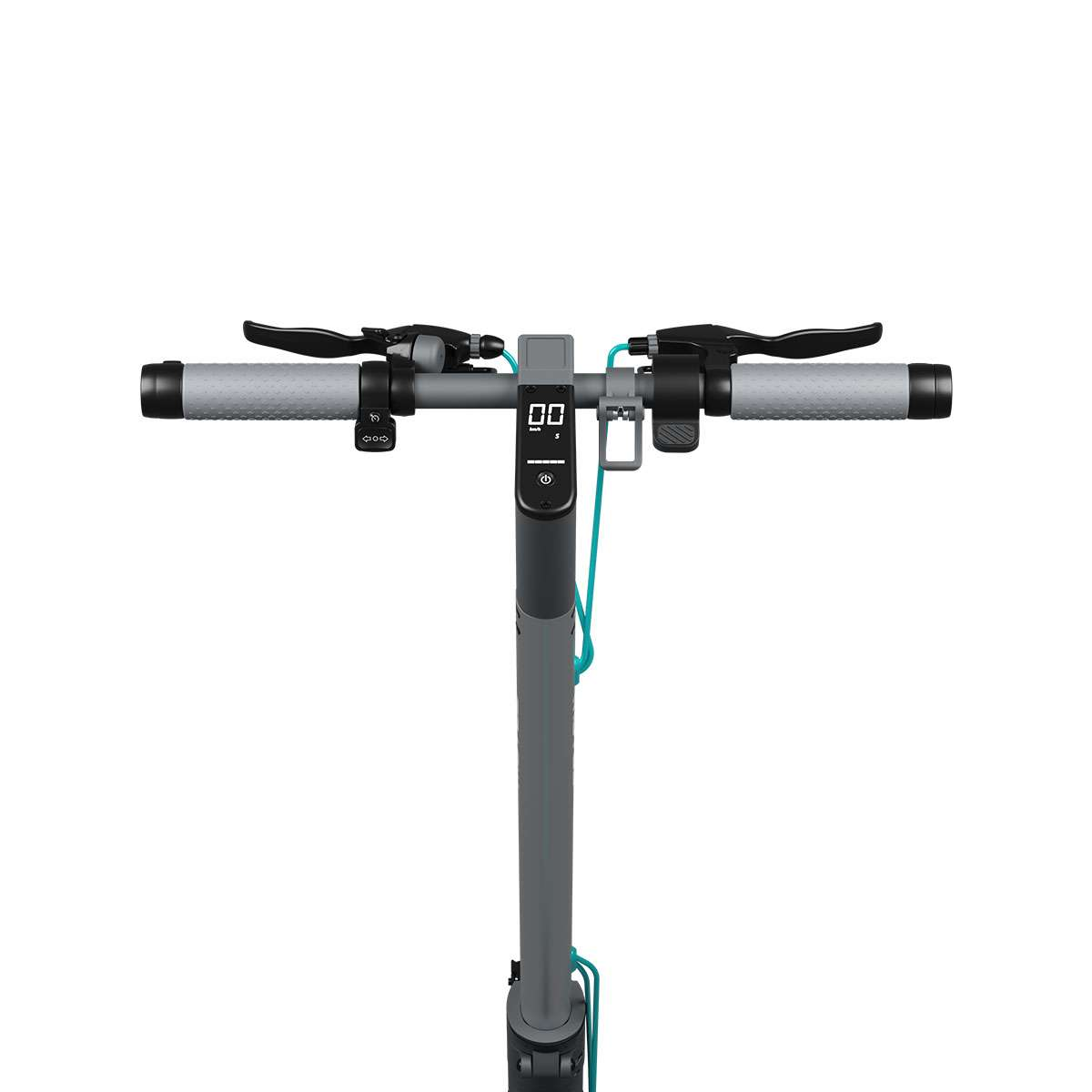 Kierownica szarej hulajnogi elektrycznej.