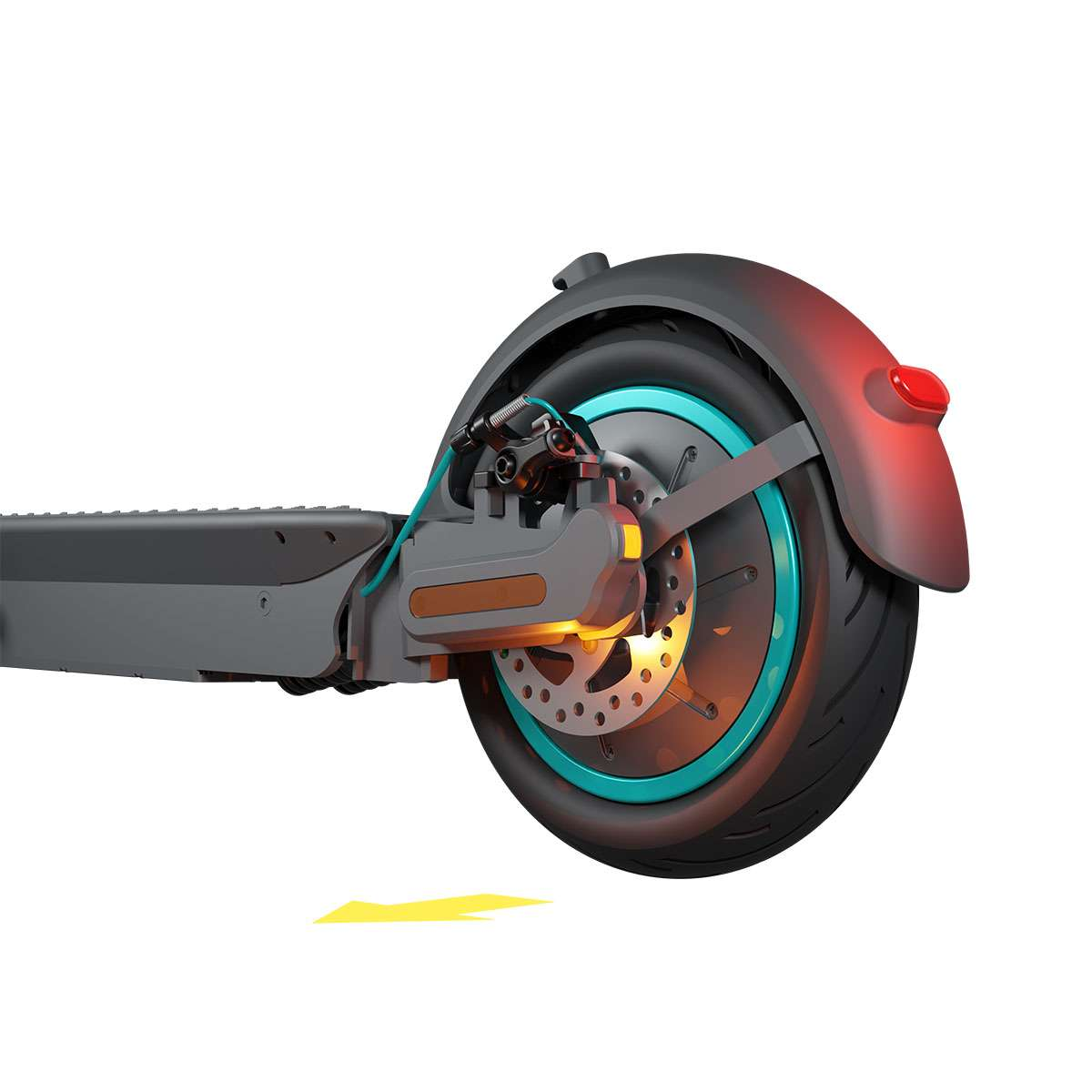 Zbliżenie koła skutera, z turkusową obręczą, hamulcem tarczowym i czerwonym światłem stopu. Żółta strzałka w lewo.