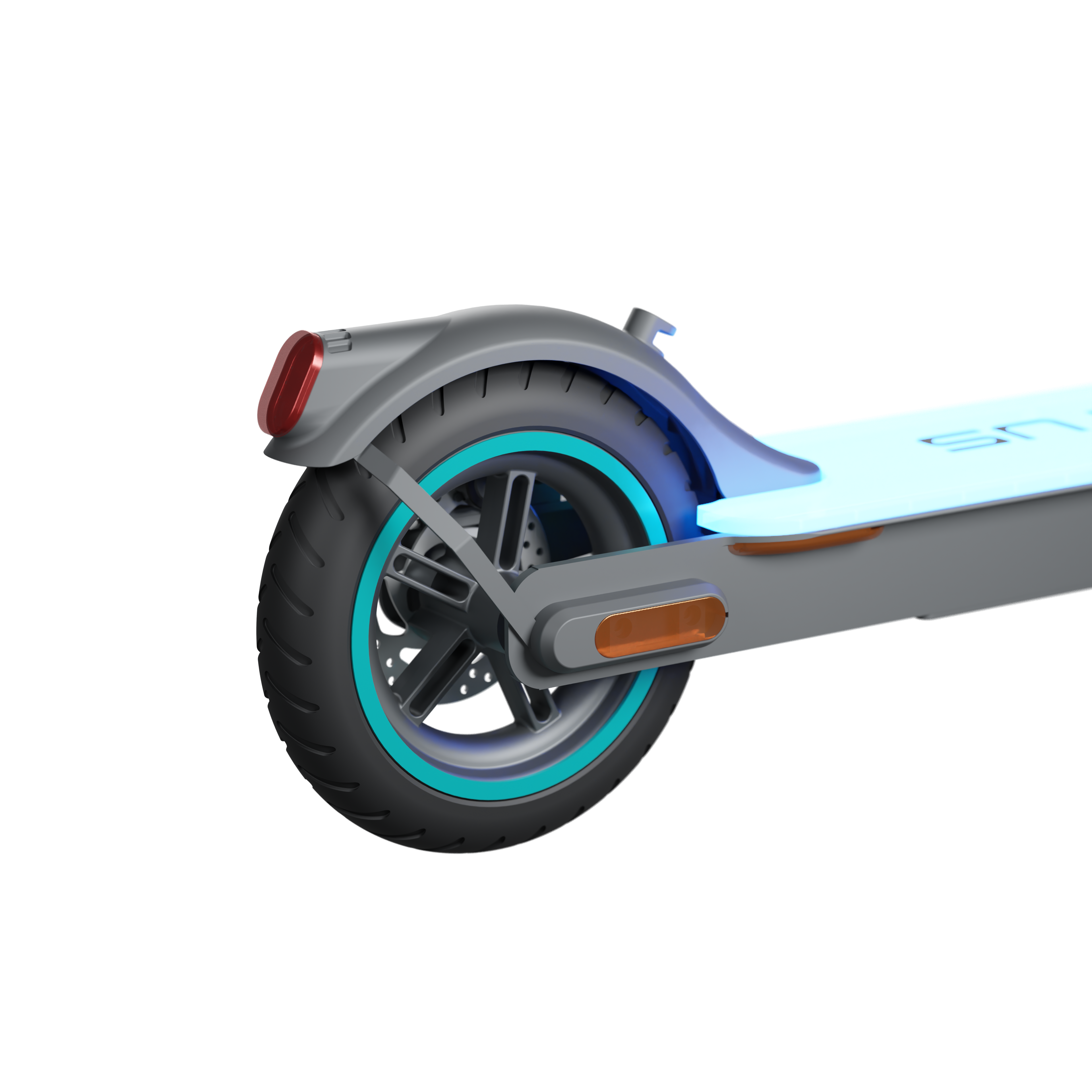 Hinterrad des Elektrorollers mit blau beleuchtetem Akzent und rotem Licht auf Schwarz.