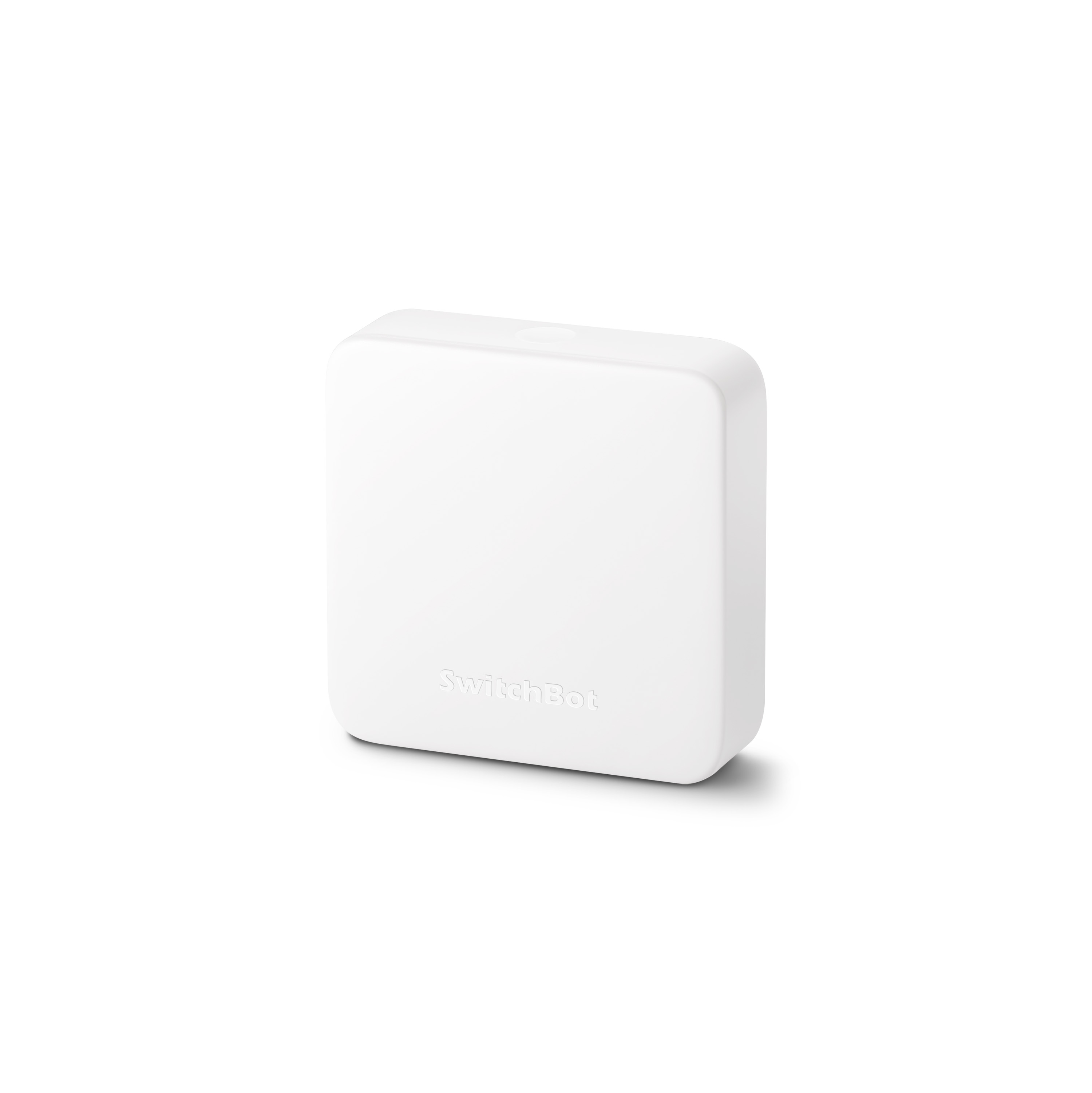 Dispositivo SwitchBot bianco su sfondo bianco. Il dispositivo è quadrato con bordi arrotondati, marchio sul davanti.