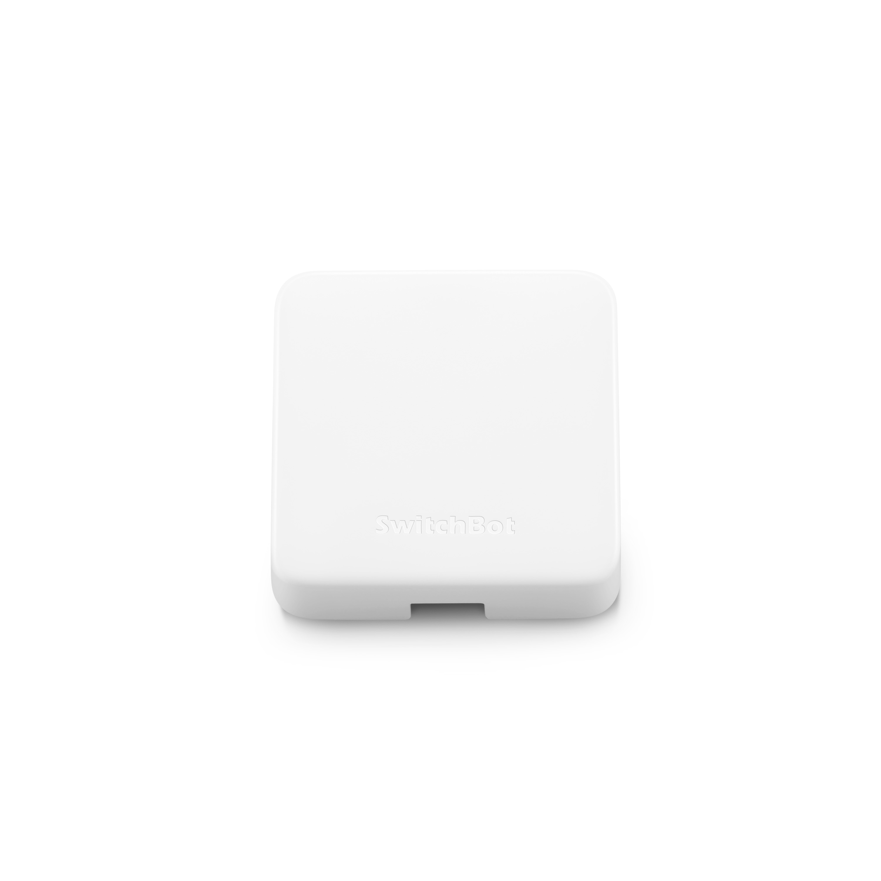 Dispositivo SwitchBot bianco su sfondo bianco. Il dispositivo è quadrato con bordi arrotondati, marchio sul davanti.