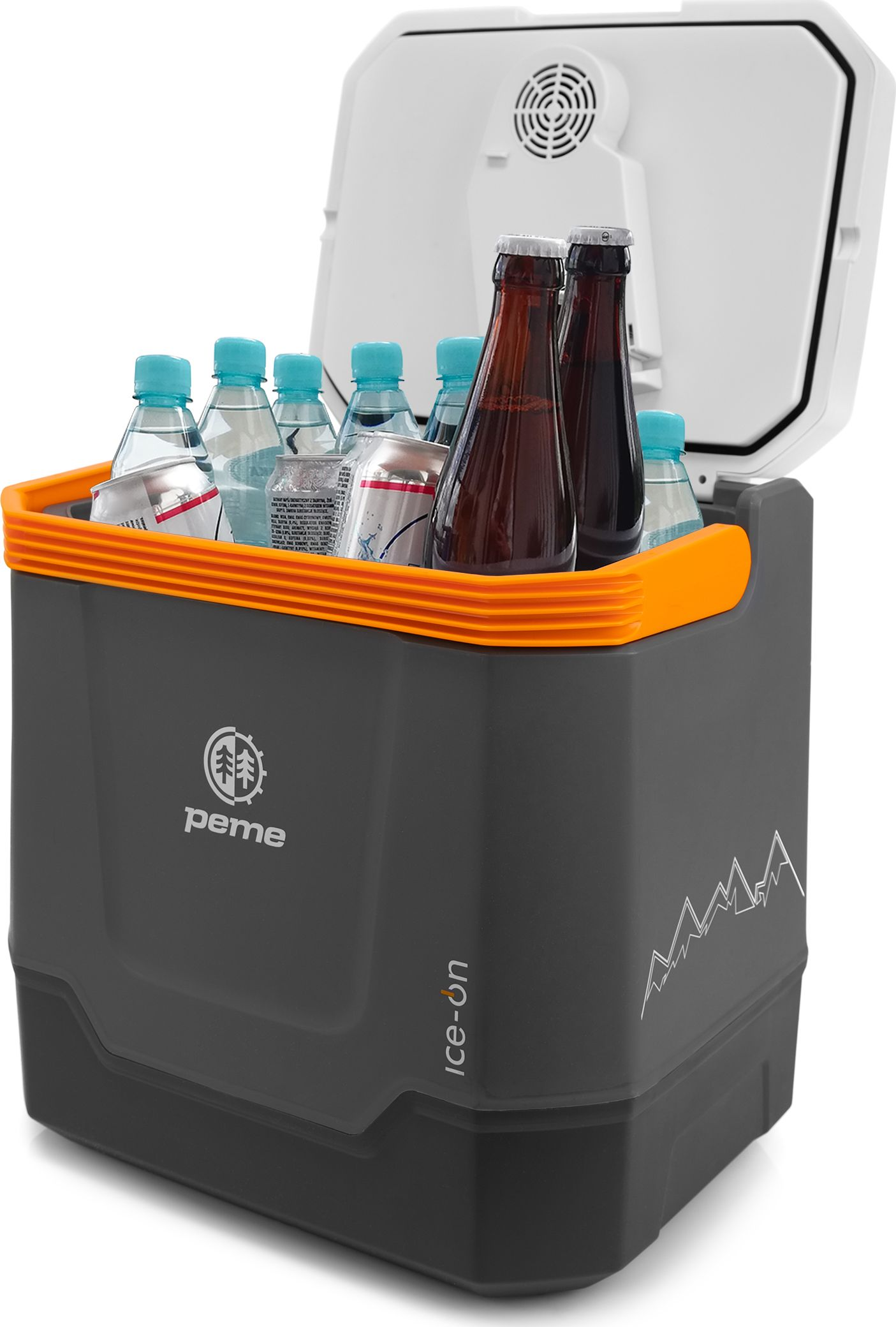 Kühlbox mit offenem Deckel voller Getränke. Flaschen, Dosen und Wasserflaschen sind sichtbar. Orangefarbene Akzente und schwarzer Körper.