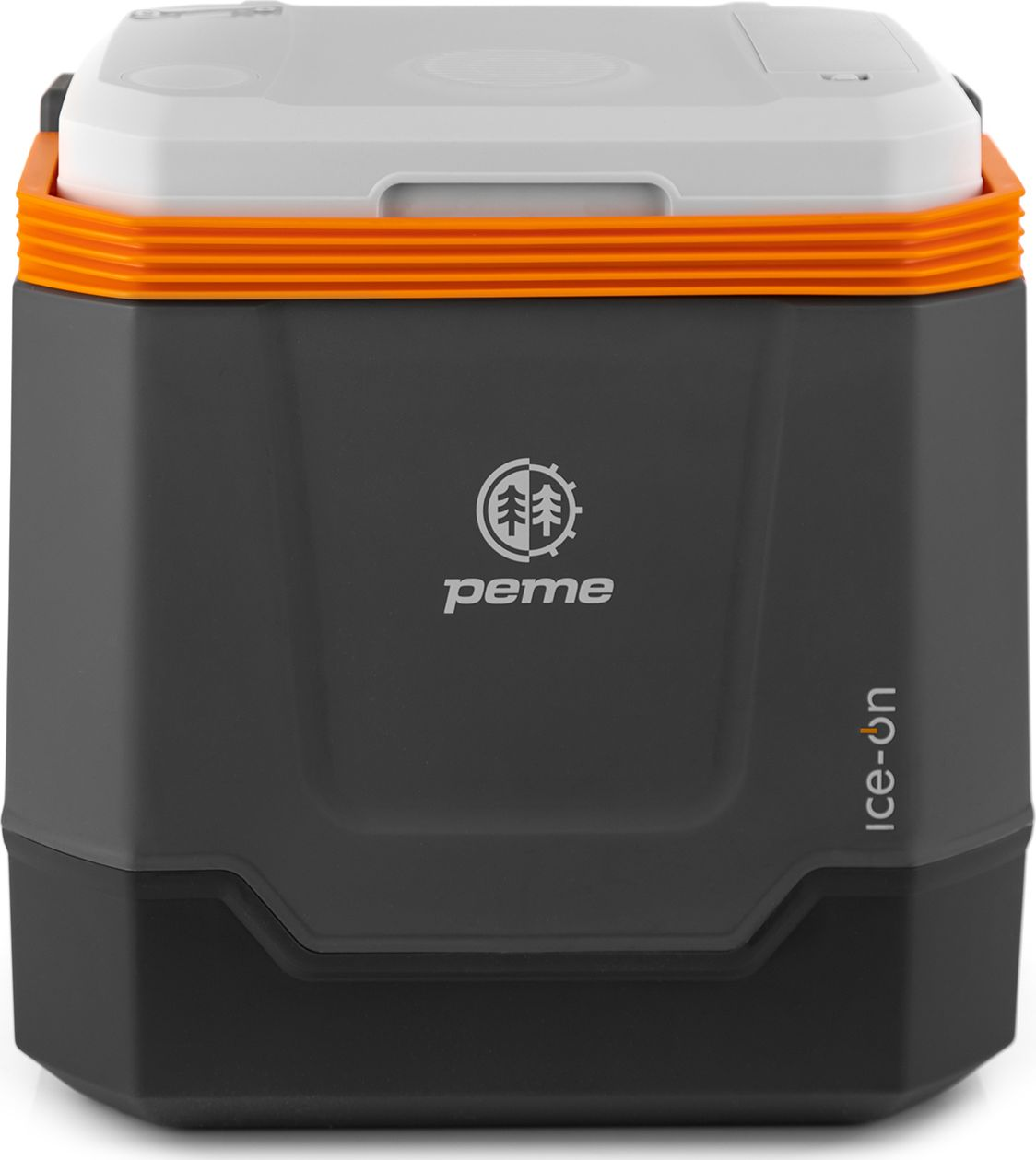 Dunkelgraue und weiße Kühlbox mit orangefarbenen Akzenten und Text 'peme ice-on'.