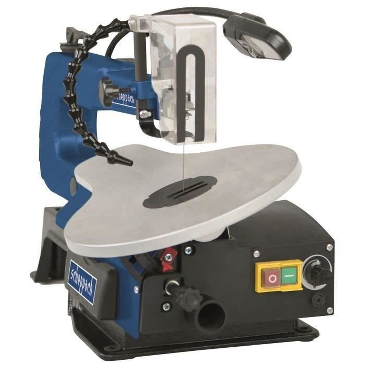 Niebiesko-czarna wyrzynarka z oświetleniem i srebrnym stołem. Podstawa jest czarna.