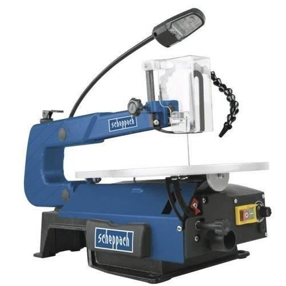 Niebieska wyrzynarka z lampą i czarną podstawą na białym tle.